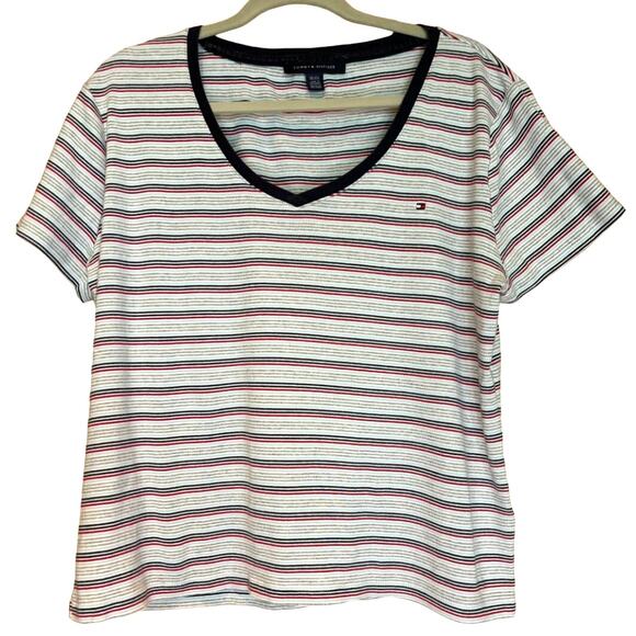 Women's Tommy Hilfiger Short Sleeve V-Neck Top Red White Blue, Size XXL, EUC - Picture 1 of 3